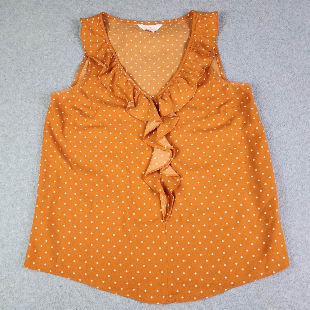 LC Lauren Conrad Tank Top Women Medium Orange Polka Dot Sleeveless Ruffle V-Neck